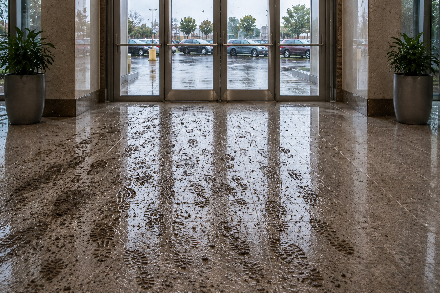 Illustrative commercial entrance condition with tracked-in dirt and moisture